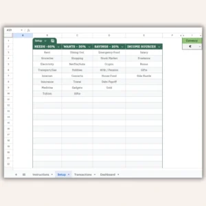 50 30 20 budget template setup dashboard for allocating monthly income and defining category limits.