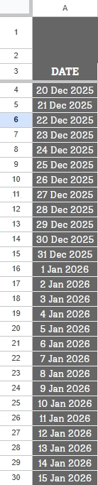 A Google Sheets habit tracker template setup tab showing a calendar picker and automated date generation.