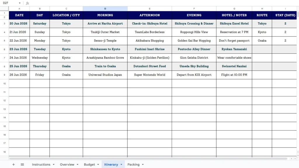 Day by day travel itinerary template with morning afternoon evening blocks