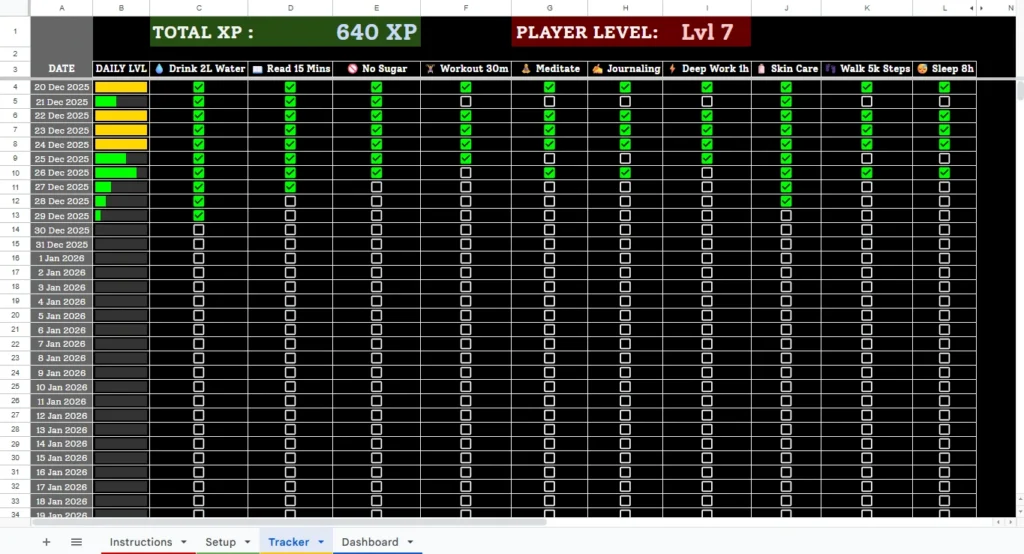 An example of a daily tracker designed to gamify your habits.