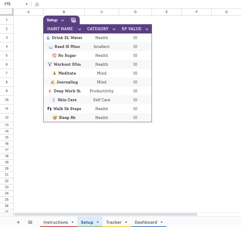A Google Sheets habit tracker setup tab showing habit names and custom XP values