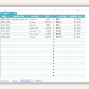 Daily transaction log interface for tracking expenses within the 50 30 20 budget template Google Sheet.