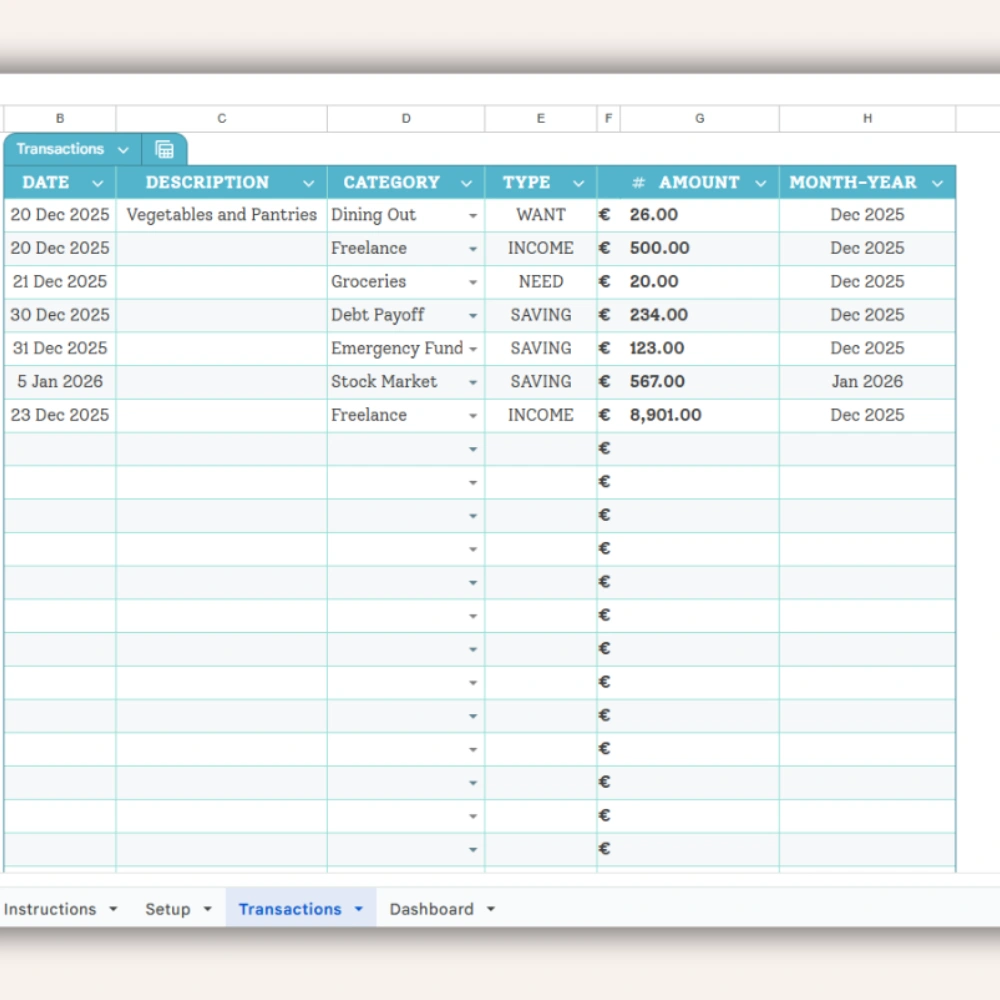 Daily transaction log interface for tracking expenses within the 50 30 20 budget template Google Sheet.