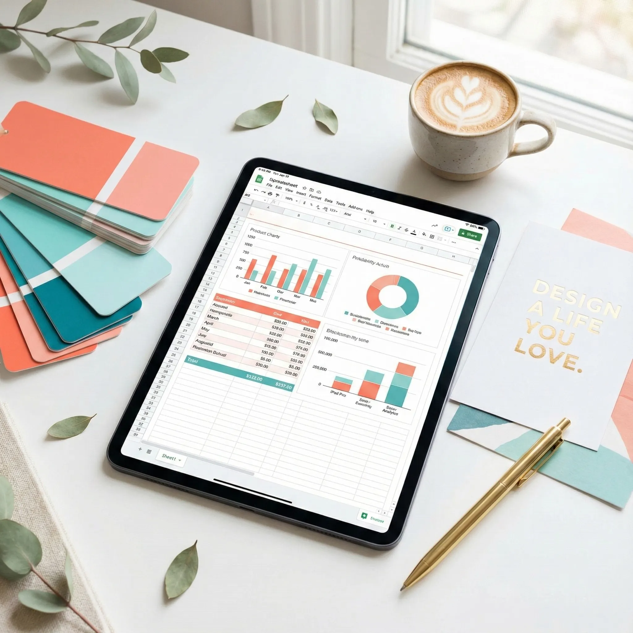 A tablet displaying an aesthetic Google Sheets template used for daily self-care and organization.
