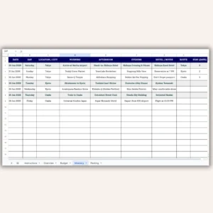 Daily itinerary schedule inside the travel planner template featuring columns for planning morning, afternoon, and evening activities along with hotel details.