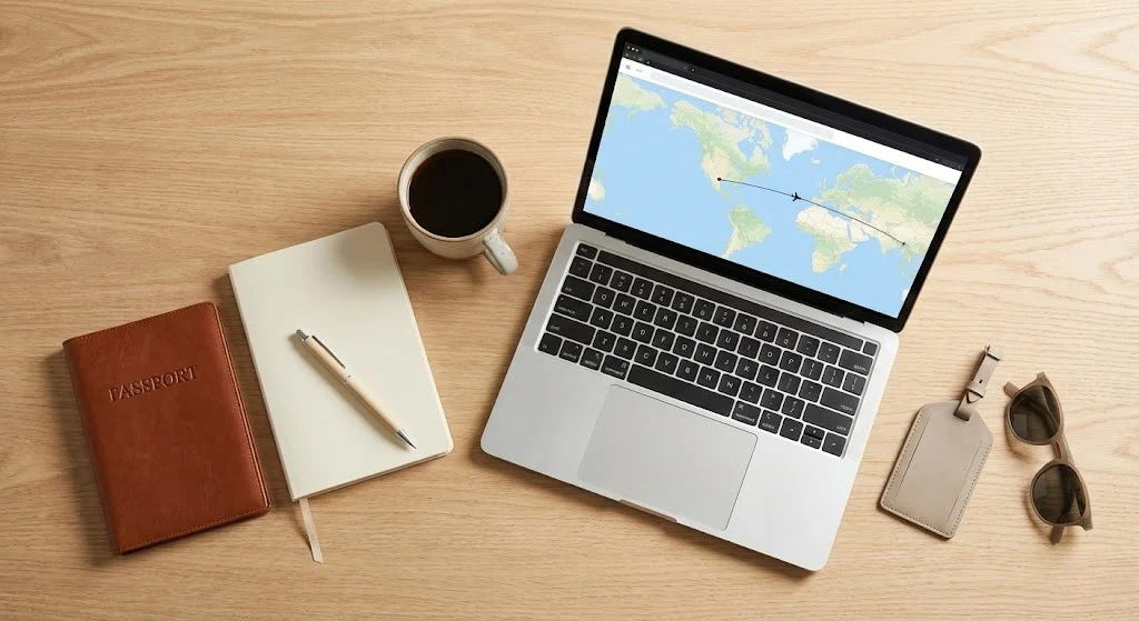 Aesthetic travel planning setup with a laptop, passport, and coffee, representing the use of a digital travel itinerary template.