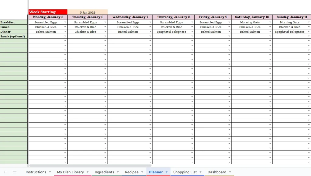 Dynamic weekly meal planner template grid in Google Sheets featuring an automatic calendar date picker and meal selection dropdowns.