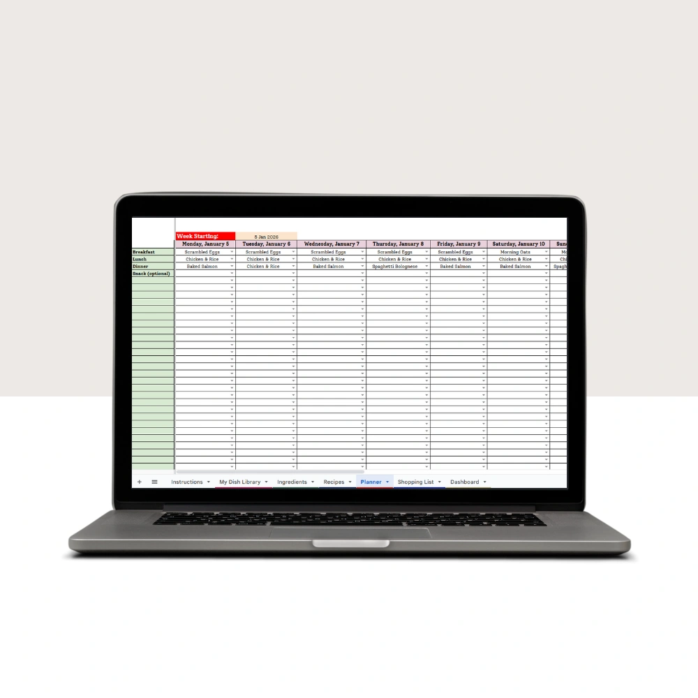 Weekly meal planner grid showing drop-down menu selection for breakfast, lunch, and dinner scheduling.