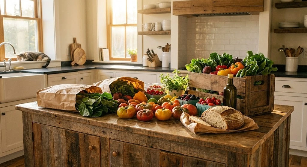 Sunlit rustic kitchen island overflowing with fresh groceries and produce, organized efficiently using a weekly meal planner template.