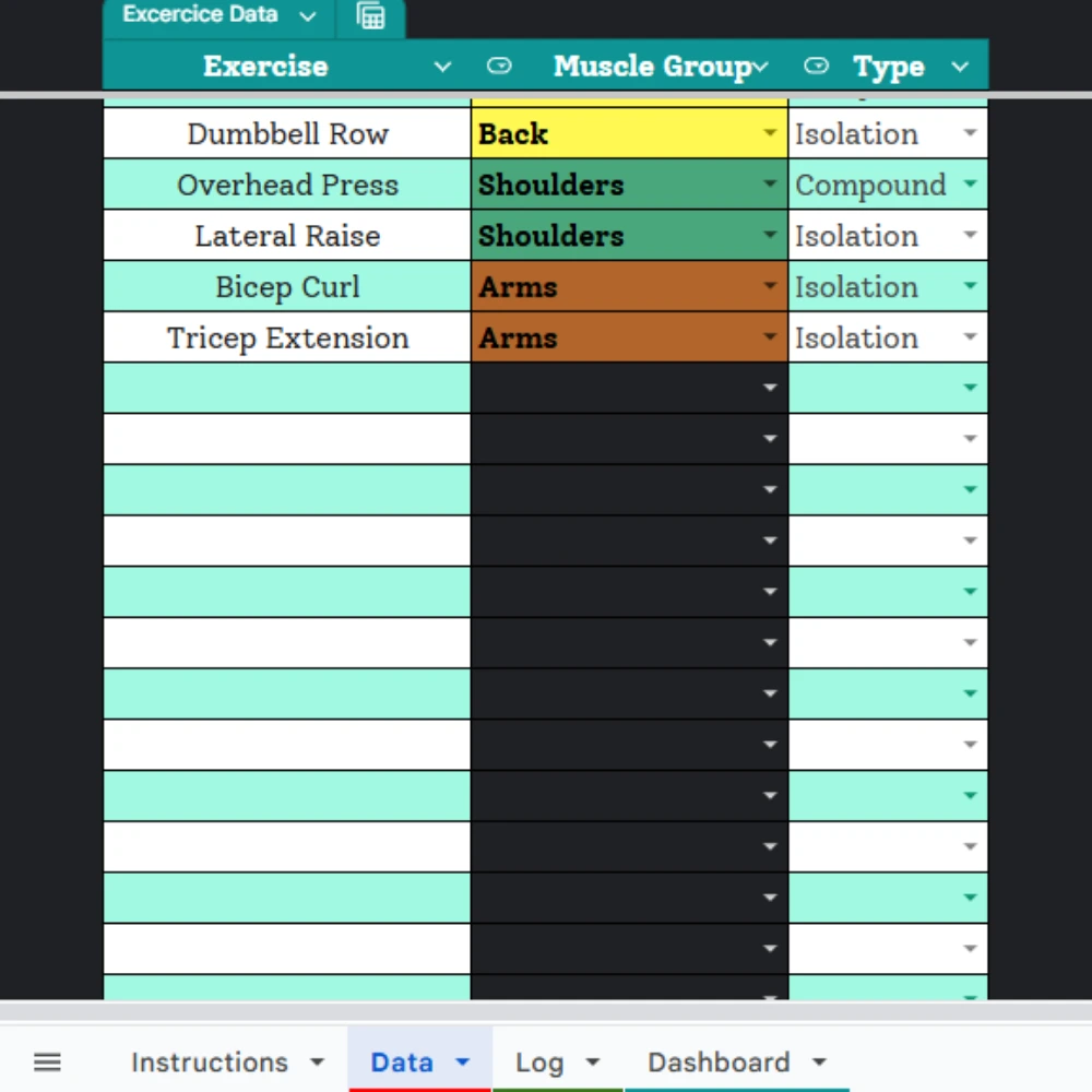 Customizable Exercise Database Dropdown Menu in Google Sheets