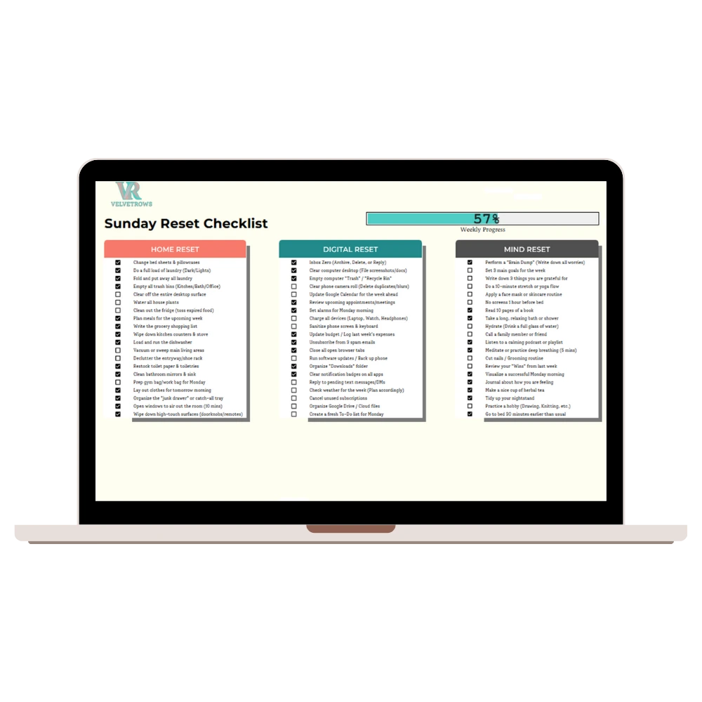 Free aesthetic google sheets template for Sunday Reset checklist displayed on a laptop screen