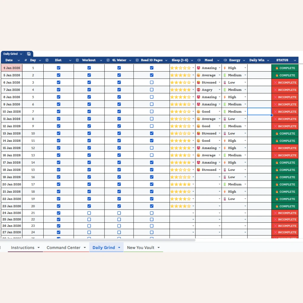 75 days challenge tracker - "Daily Grind" tab displaying a daily habit checklist table for tracking diet, workout, water intake, reading, sleep, and mood, with completion status indicators.