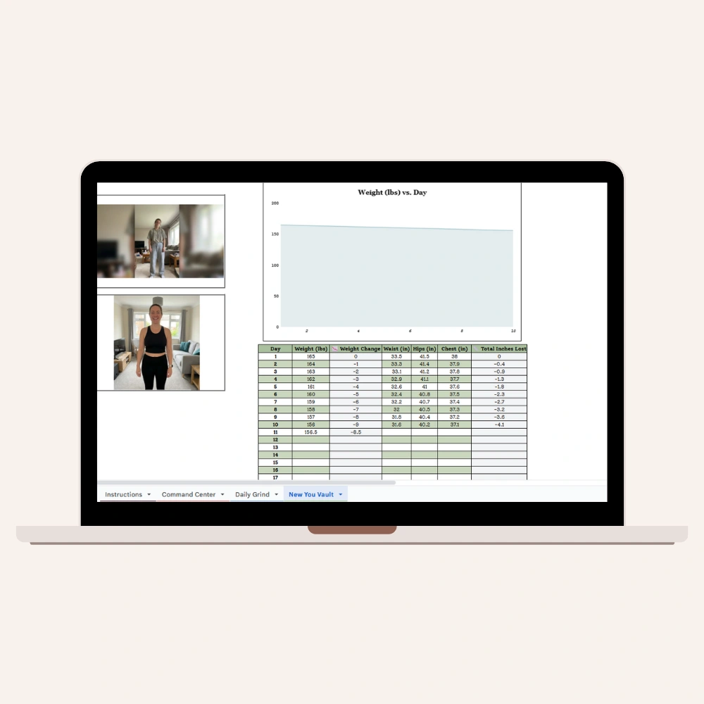 75 days challenge tracker - "New You Vault" tab showing before-and-after photos, a body measurement tracking table, and a weight progress graph in the Google Sheets template.
