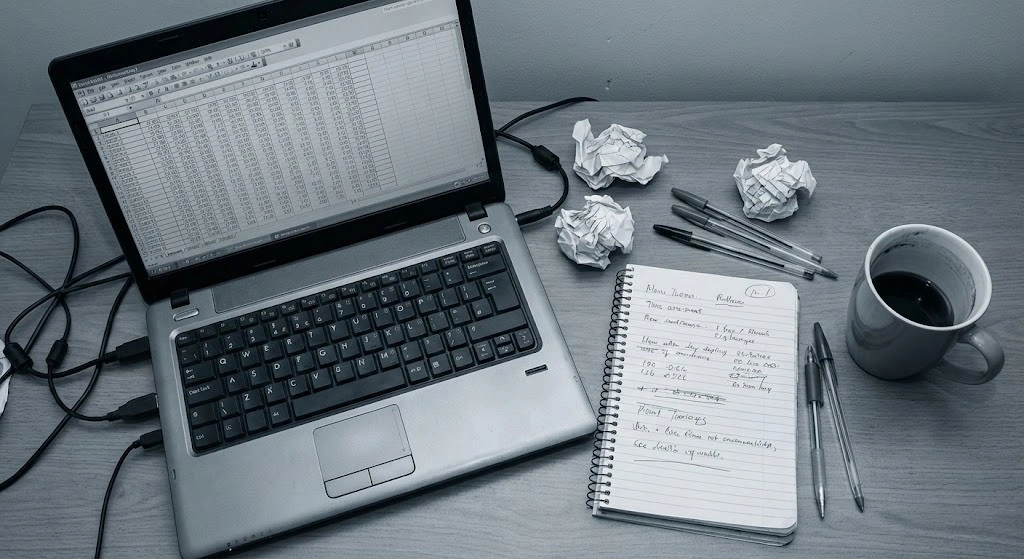 Boring traditional spreadsheet on a messy desk, illustrating the need for aesthetic digital planners and organized Google Sheets.