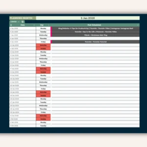 Monthly Planner View in Social Media Content Calendar Google Sheets