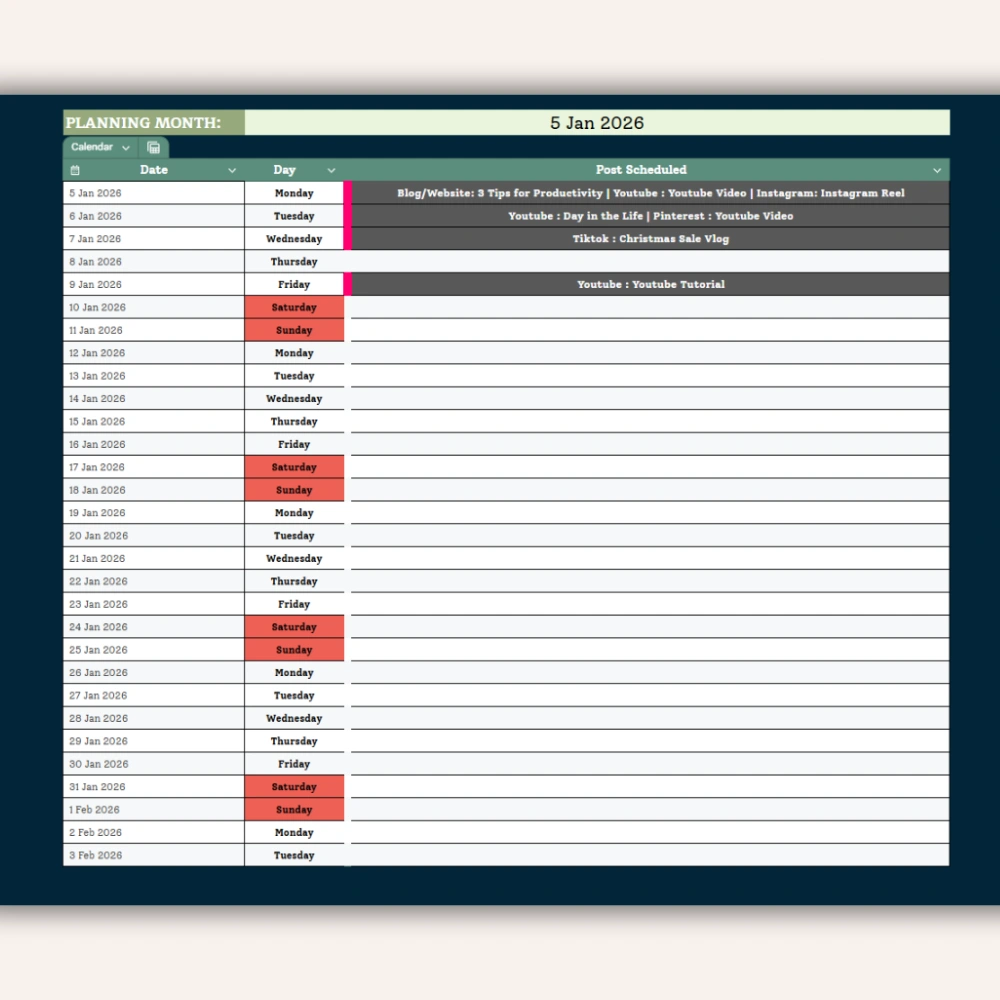 Monthly Planner View in Social Media Content Calendar Google Sheets