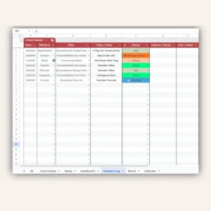 Social Media Content Manager Google Sheets Log Tab for Planning Posts