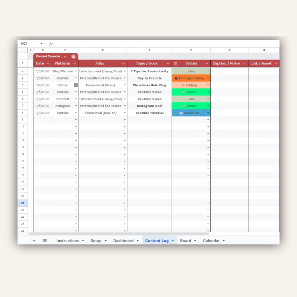 Social Media Content Manager Google Sheets Log Tab for Planning Posts